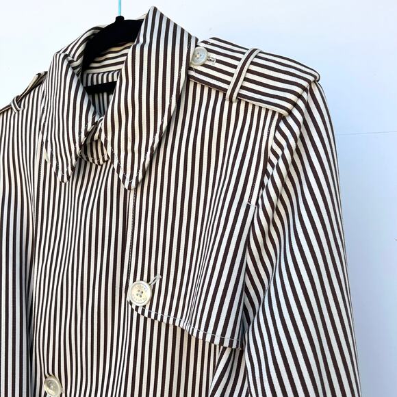 Vintage Ralph Lauren Pinstripe Brown Neutral Belted Trench Coat Large Preppy - Picture 6 of 12